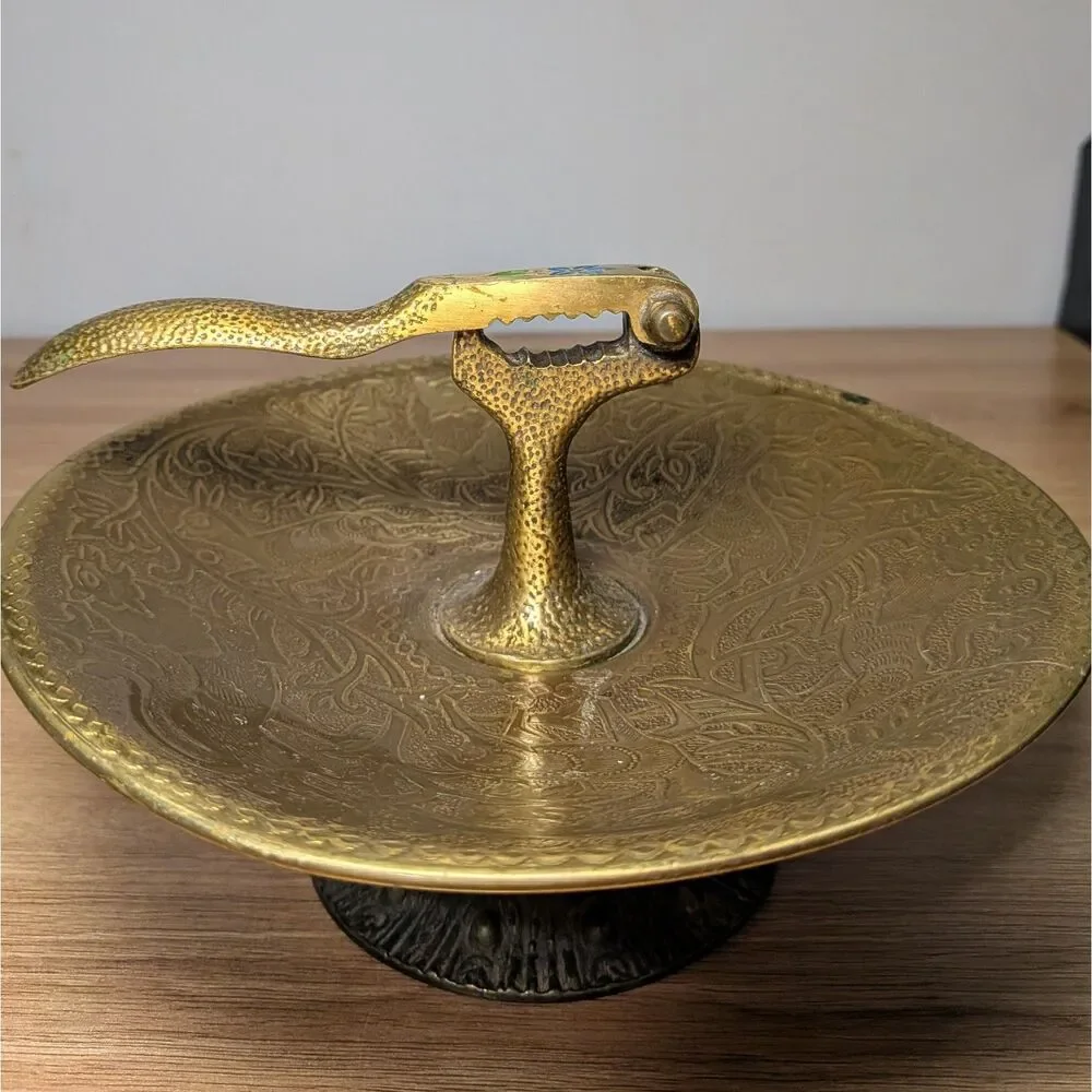 Vintage Brass Walnut Cracker & Bowl Made in Israel Flower & Animal Design